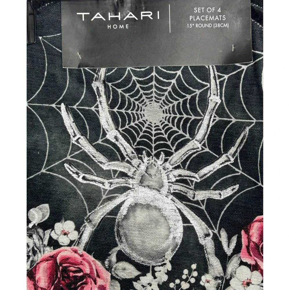 Tahari Home Set of 4 Round Placemats Black Spider Web Floral Pink Goth 15 inch